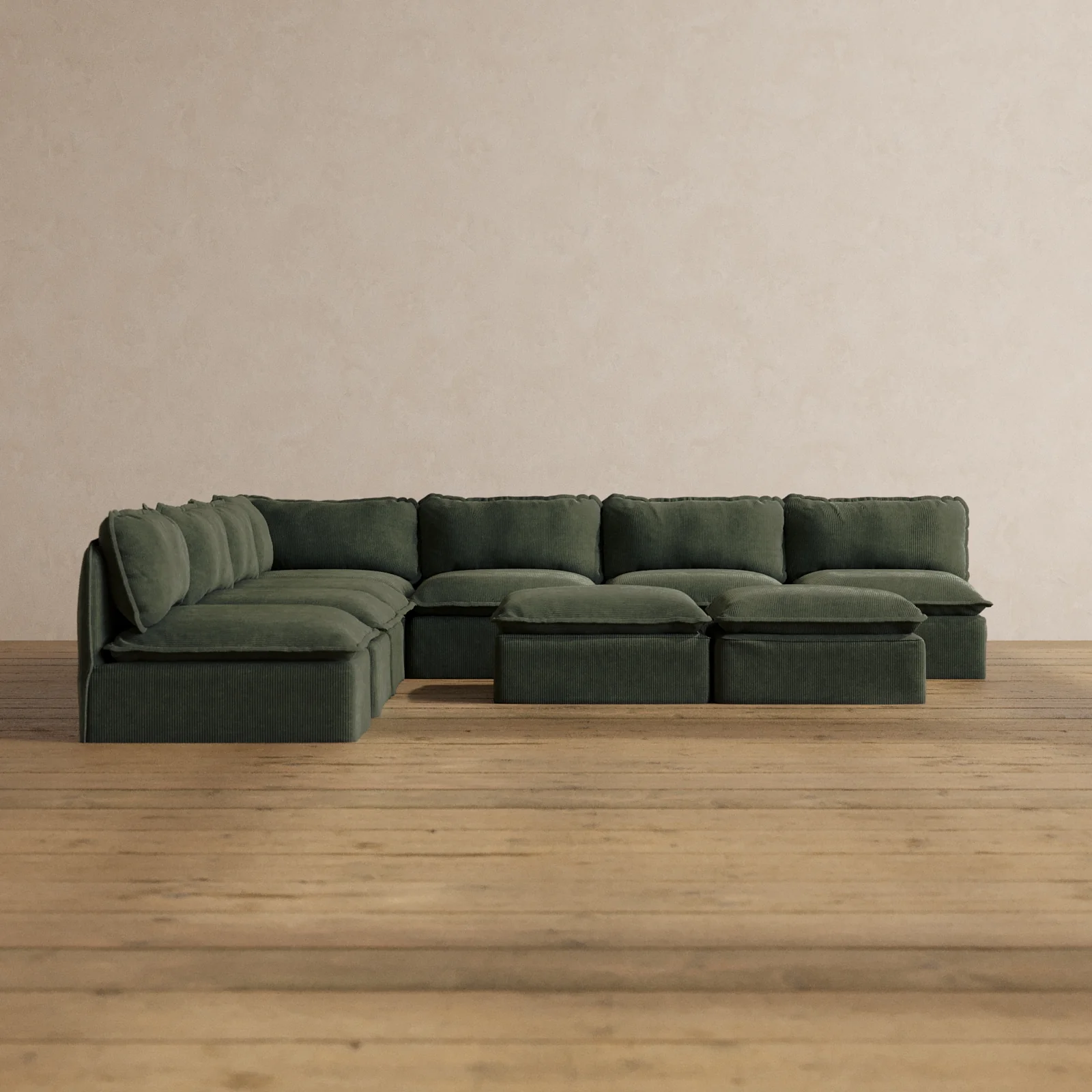 Slipcover Only - Modular Washable 7-Seater Open-Ends Corner Sectional + Bench Ottoman in Olivine
