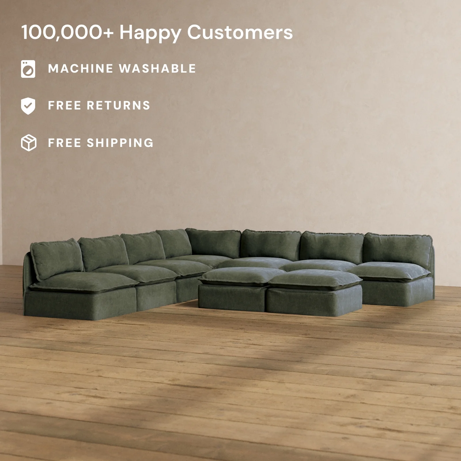 Slipcover Only - Modular Washable 7-Seater Open-Ends Corner Sectional + Bench Ottoman in Olivine - Image 2
