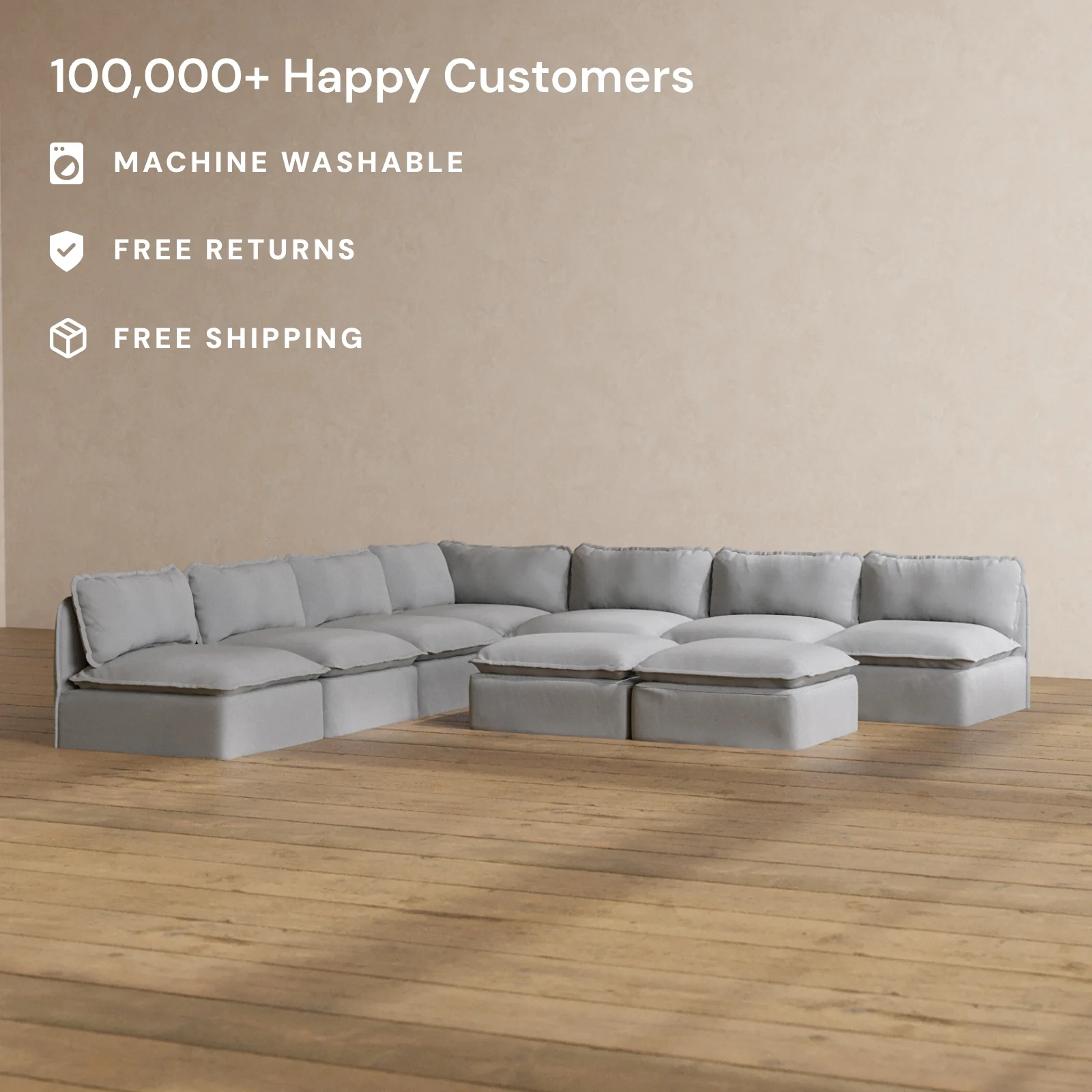 Slipcover Only - Modular Washable 7-Seater Open-Ends Corner Sectional + Bench Ottoman in Pumice - Image 2