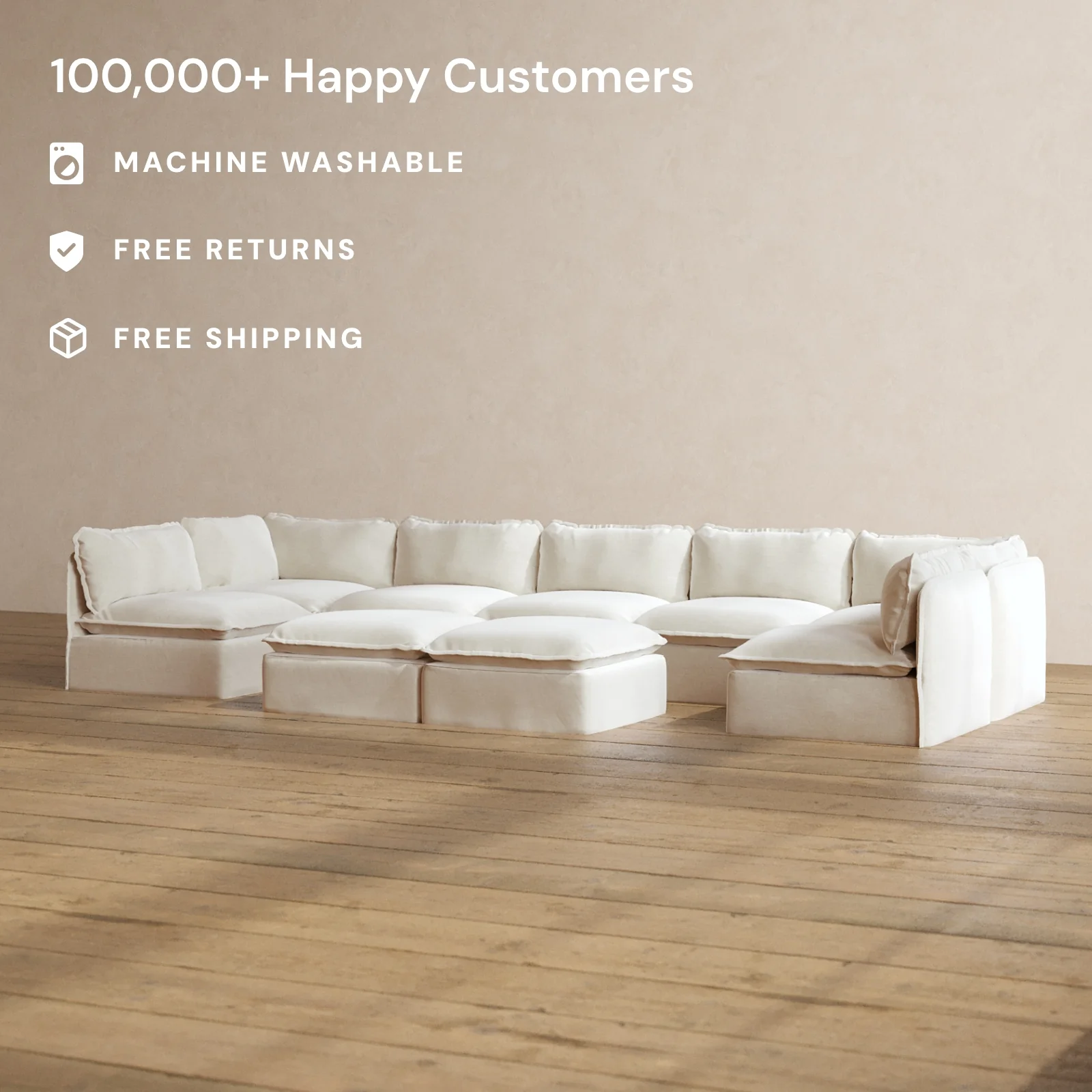 Slipcover Only - Modular Washable 7-Seater Open-Ends U-Sectional + Bench Ottoman in Coco - Image 2