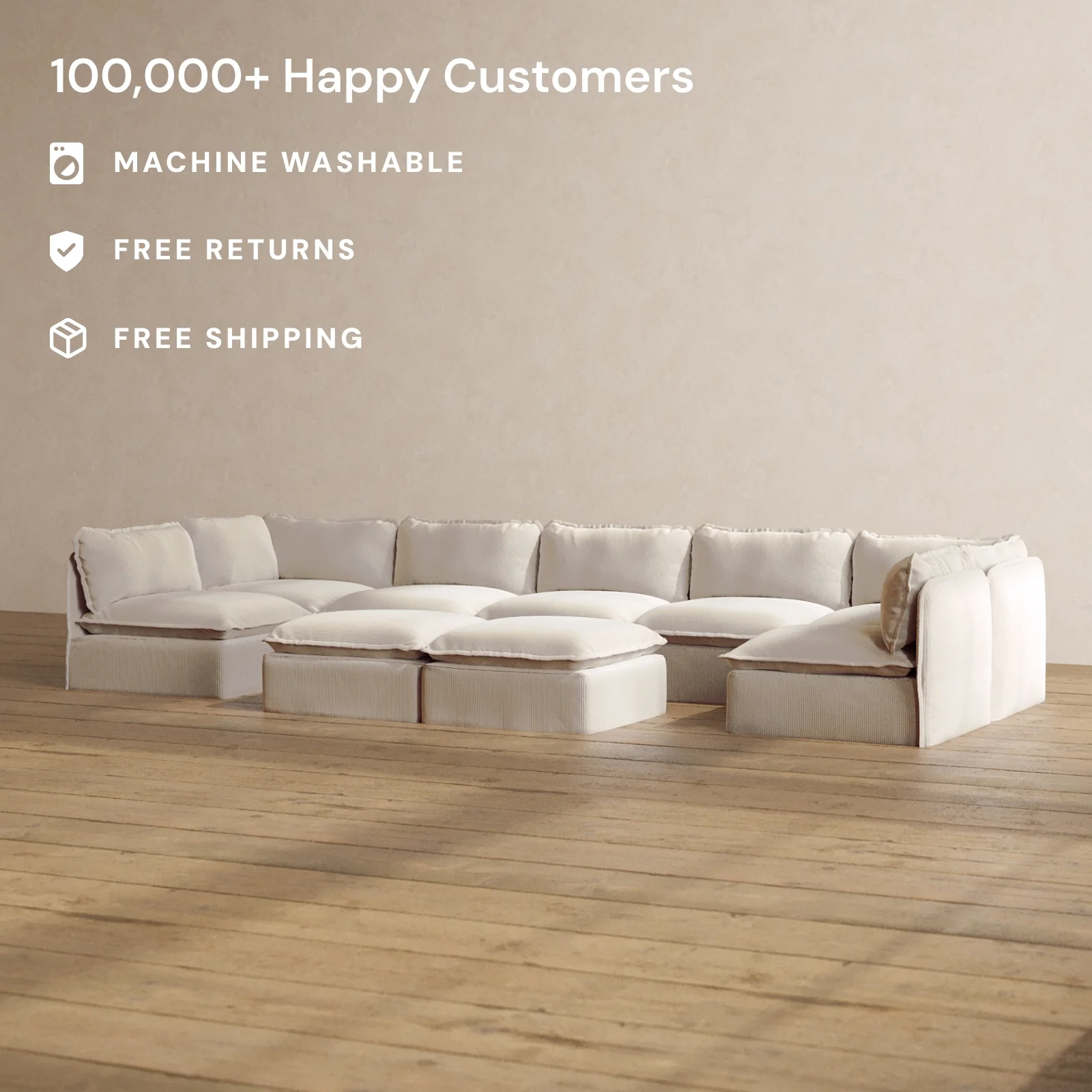 Slipcover Only - Modular Washable 7-Seater Open-Ends U-Sectional + Bench Ottoman in Milk - Image 2