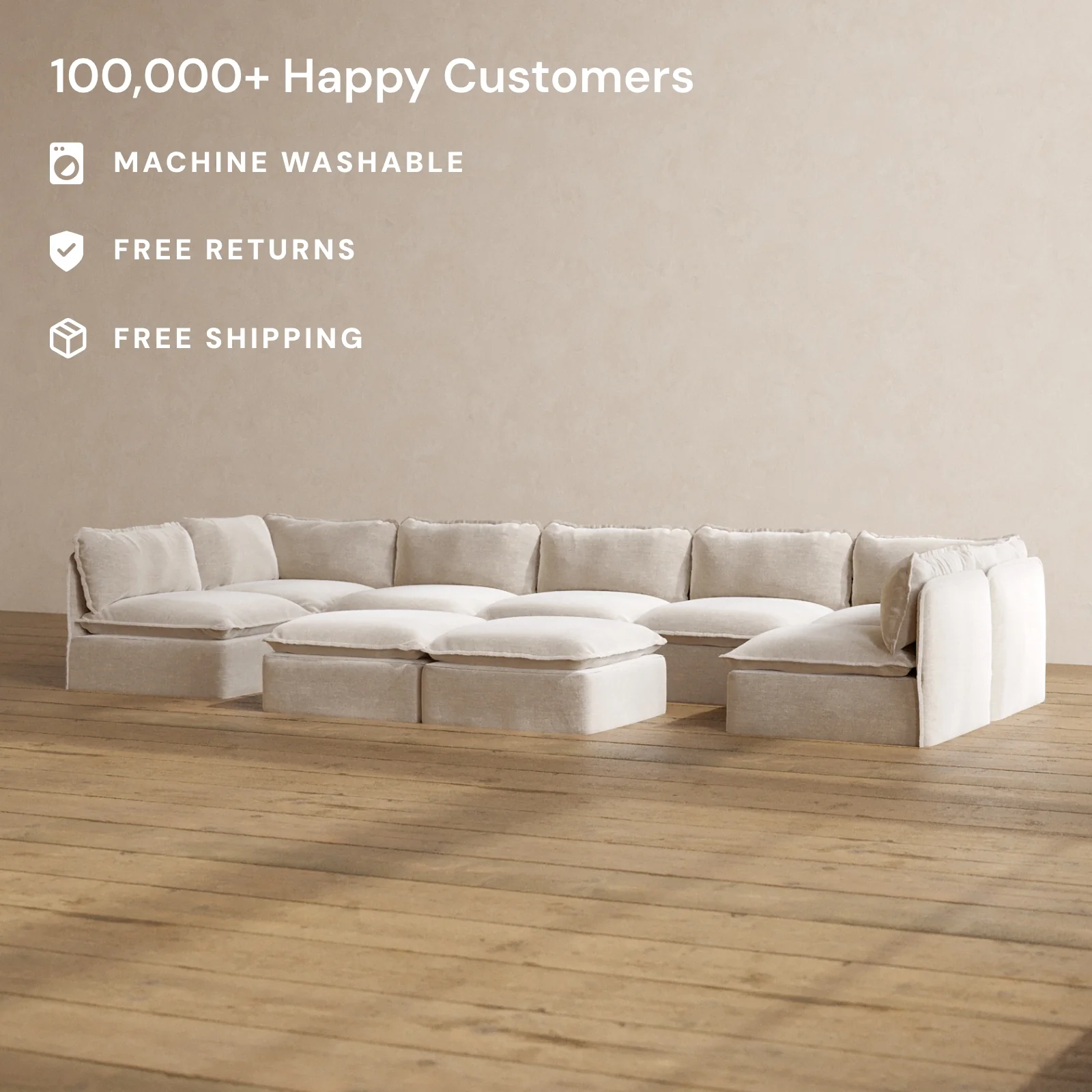 Slipcover Only - Modular Washable 7-Seater Open-Ends U-Sectional + Bench Ottoman in Mist - Image 2