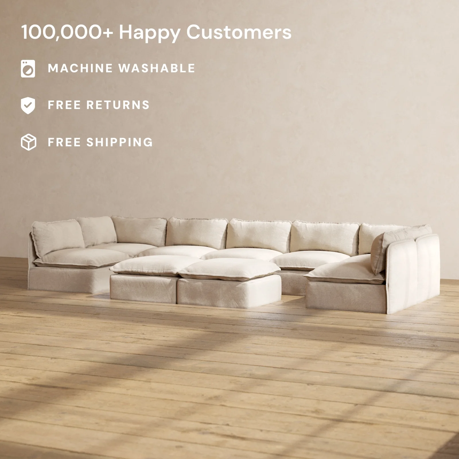 Slipcover Only - Modular Washable 7-Seater Open-Ends U-Sectional + Bench Ottoman in Oat - Image 2
