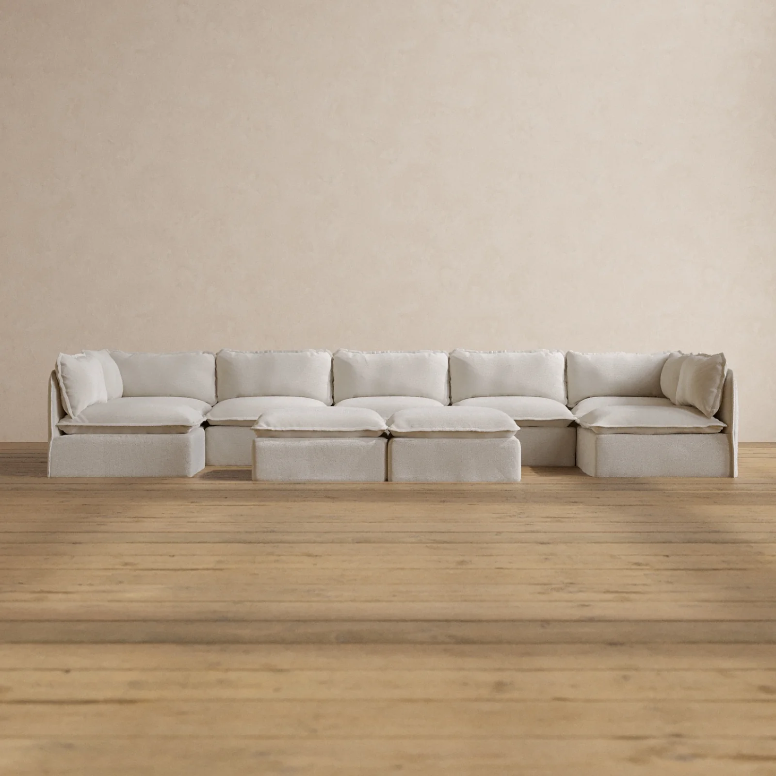 Slipcover Only - Modular Washable 7-Seater Open-Ends U-Sectional + Bench Ottoman in Powder