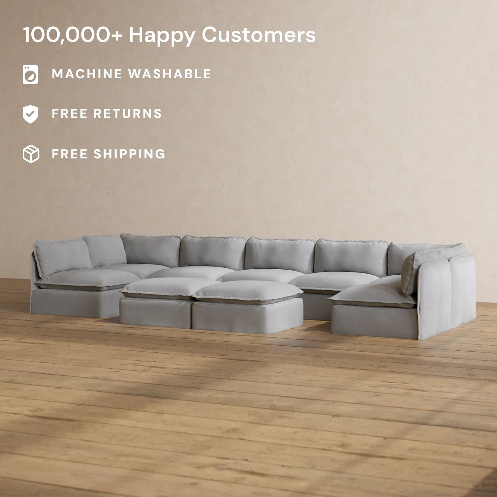 Slipcover Only - Modular Washable 7-Seater Open-Ends U-Sectional + Bench Ottoman in Pumice - Image 2