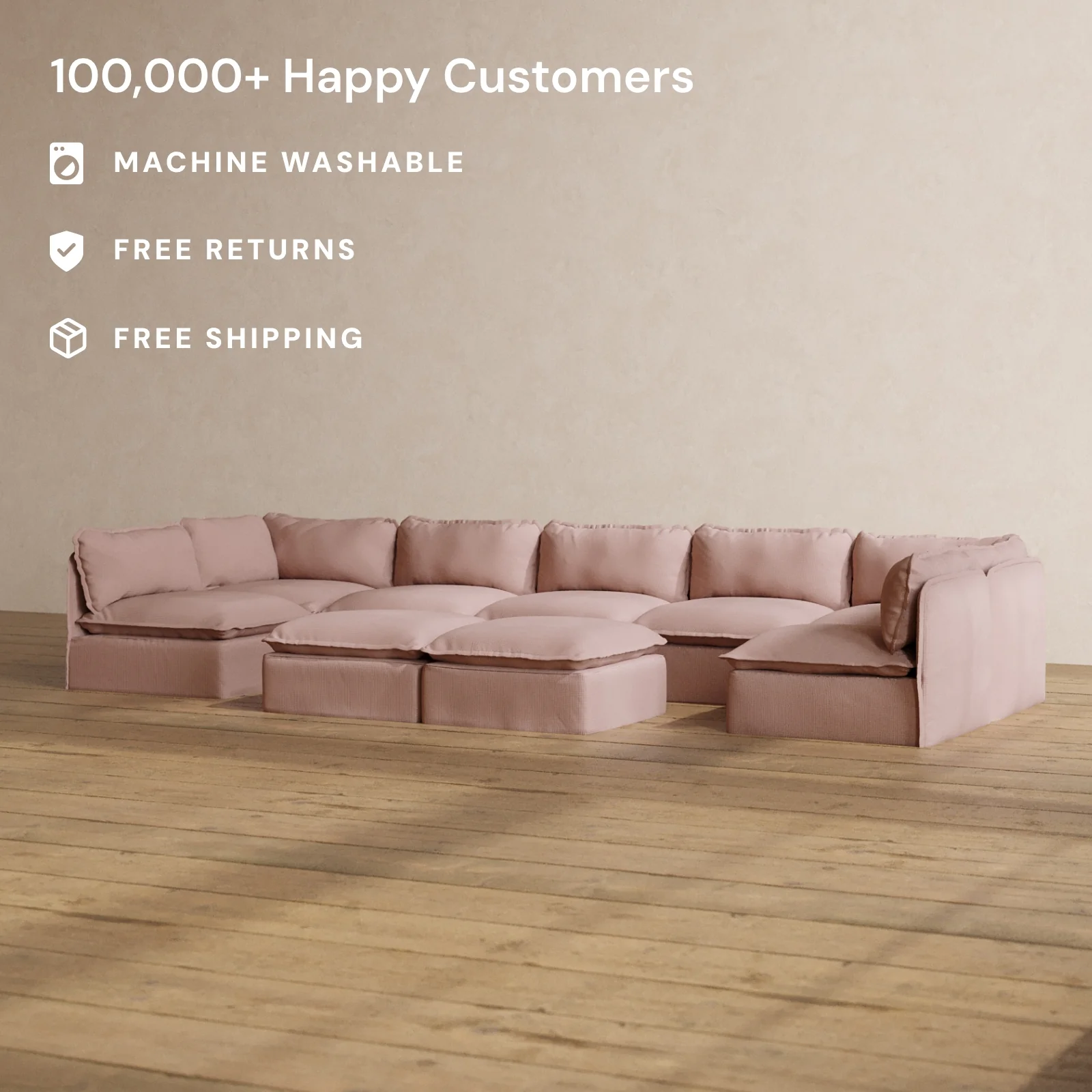 Slipcover Only - Modular Washable 7-Seater Open-Ends U-Sectional + Bench Ottoman in Sakura - Image 2