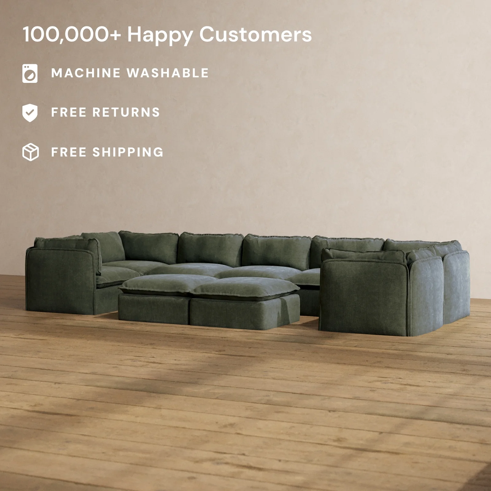 Slipcover Only - Modular Washable 7-Seater U-Sectional + Bench Ottoman in Olivine - Image 2