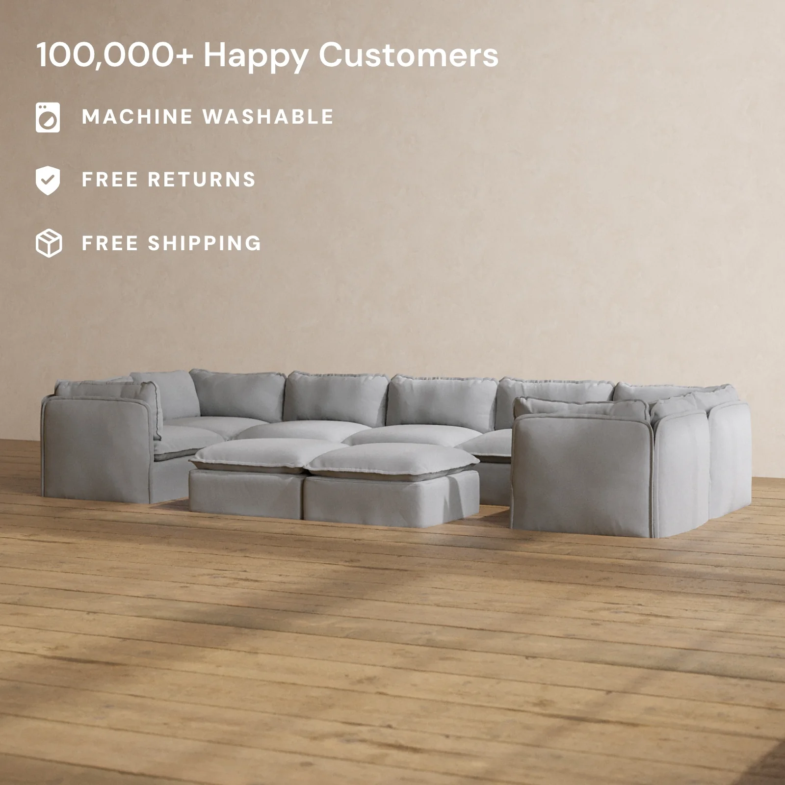Slipcover Only - Modular Washable 7-Seater U-Sectional + Bench Ottoman in Pumice - Image 2