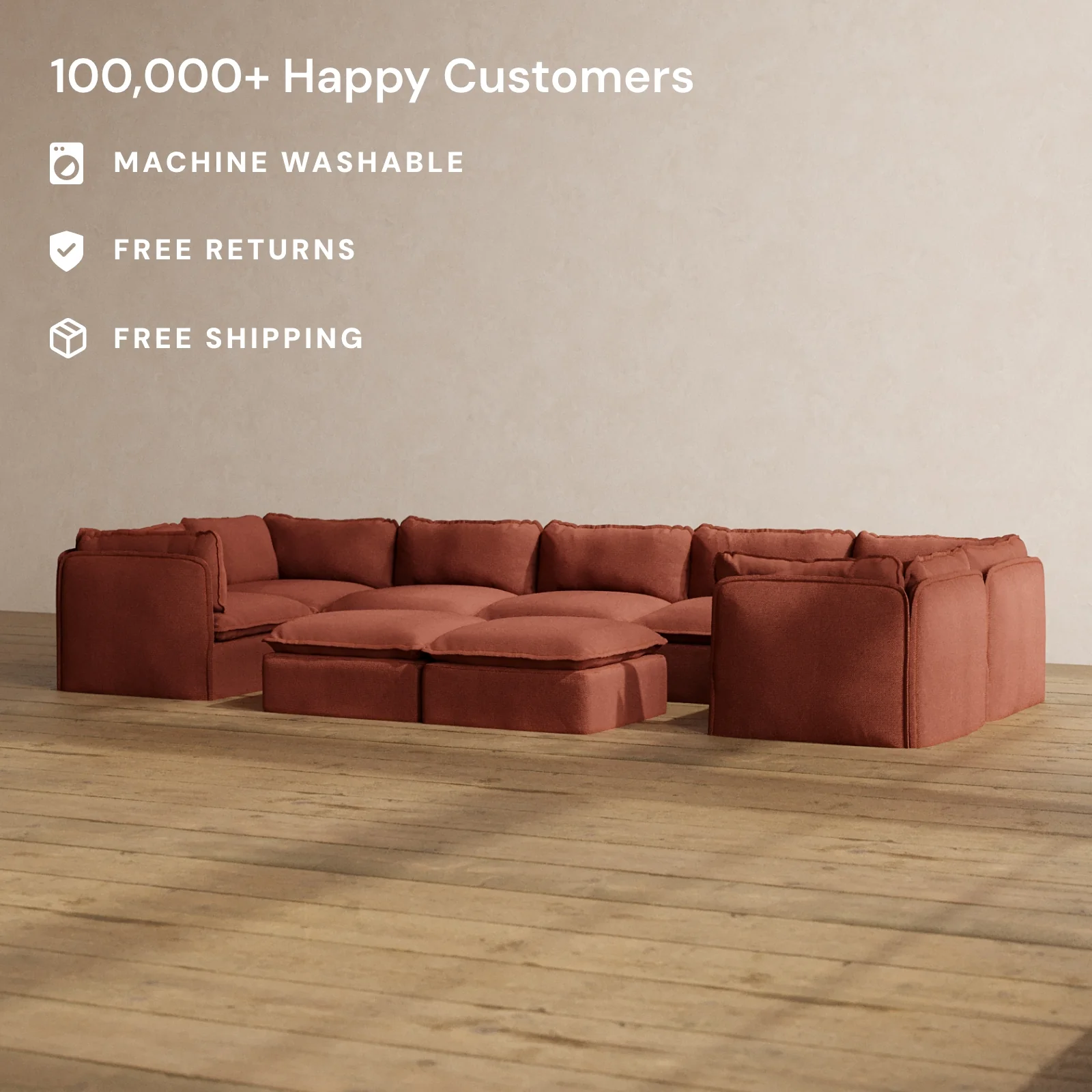 Slipcover Only - Modular Washable 7-Seater U-Sectional + Bench Ottoman in Rust - Image 2
