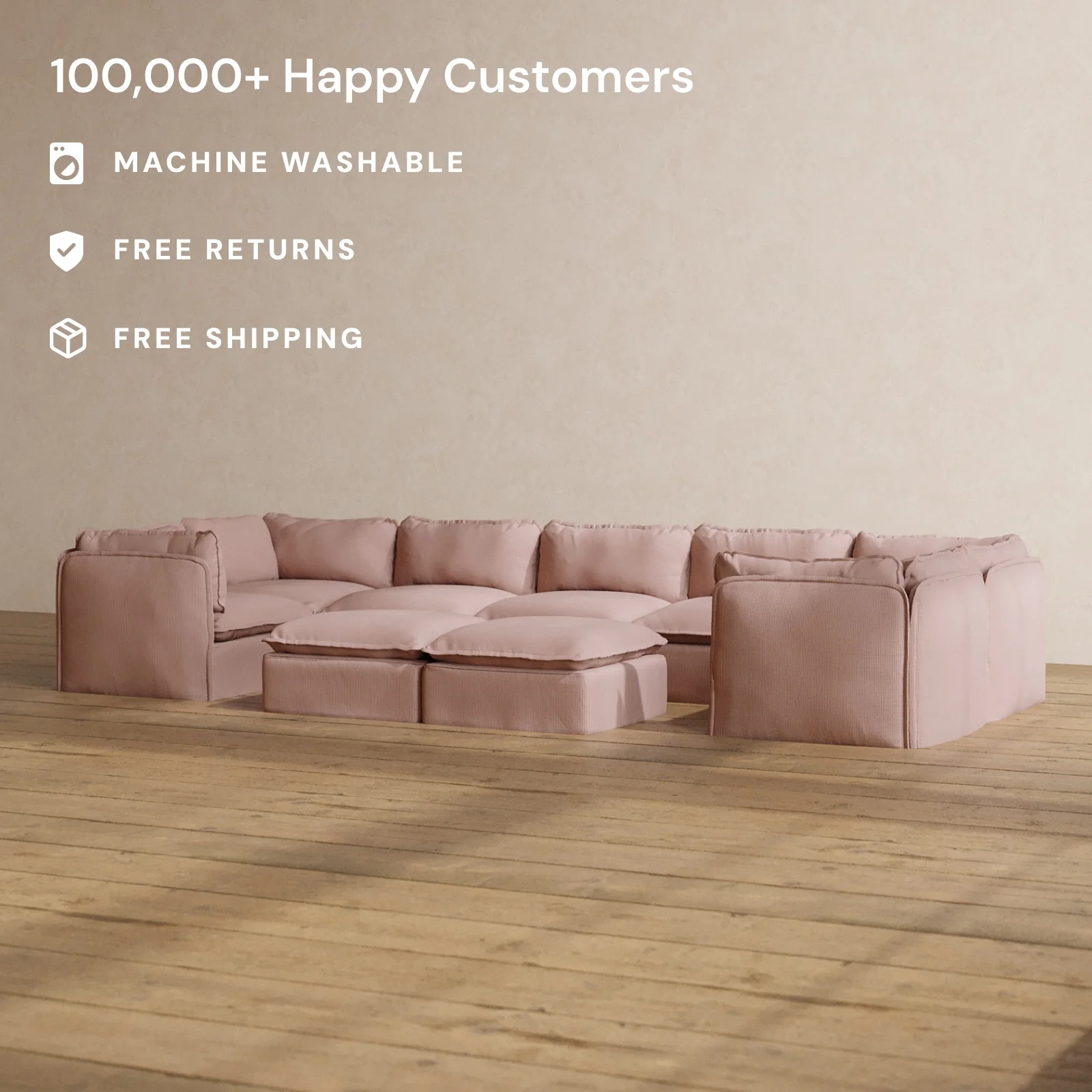 Slipcover Only - Modular Washable 7-Seater U-Sectional + Bench Ottoman in Sakura - Image 2