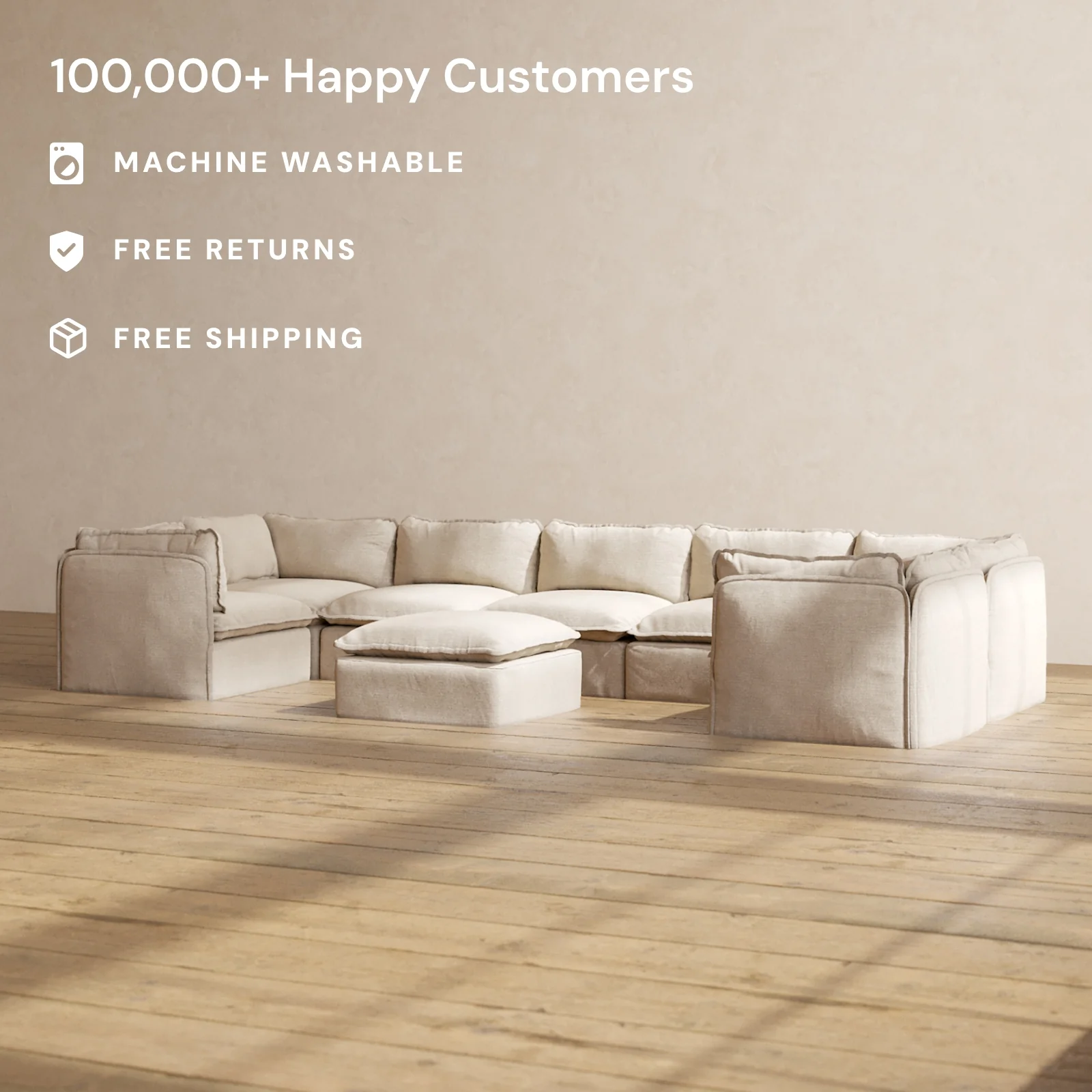 Slipcover Only - Modular Washable 7-Seater U-Sectional + Ottoman in Oat - Image 2