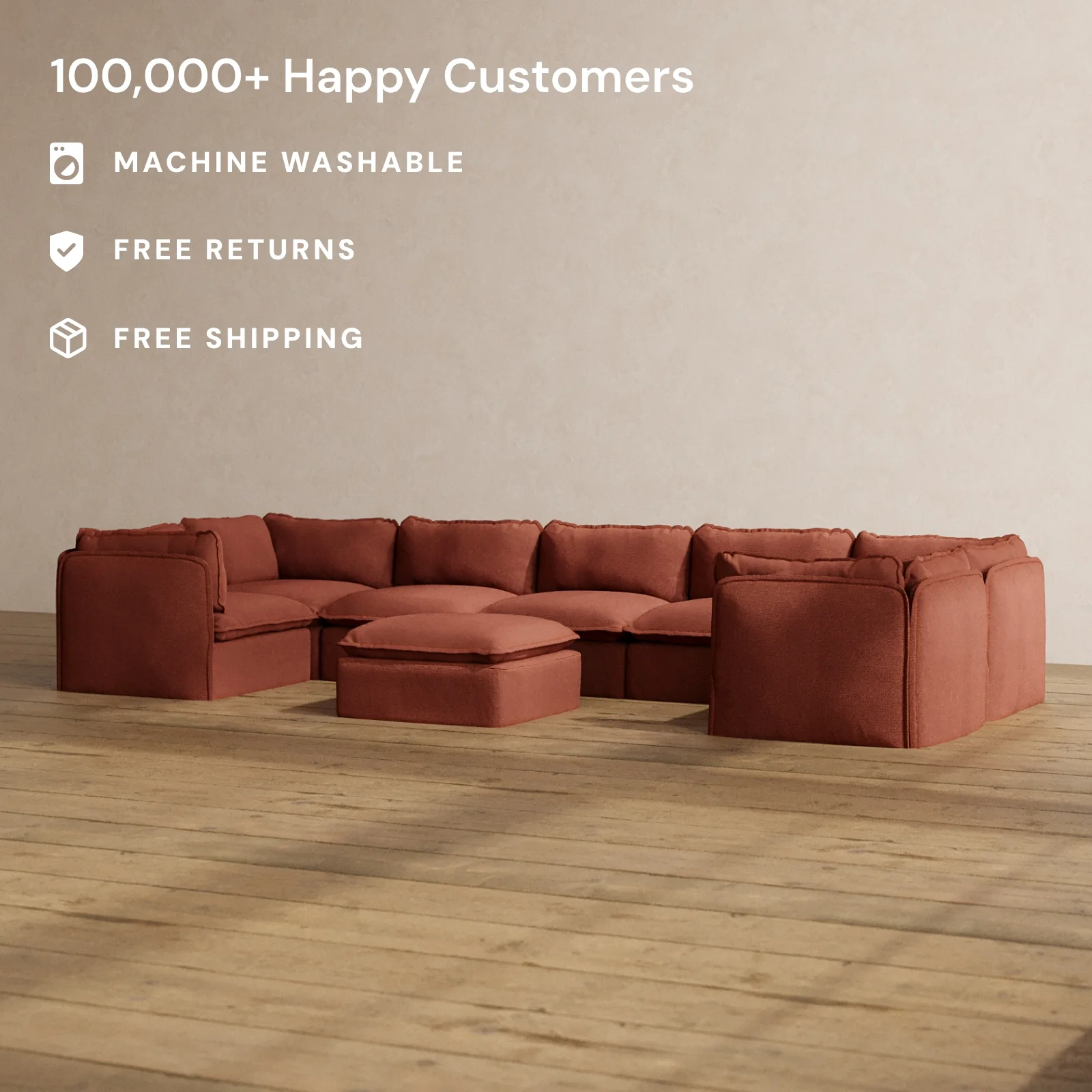 Slipcover Only - Modular Washable 7-Seater U-Sectional + Ottoman in Rust - Image 2