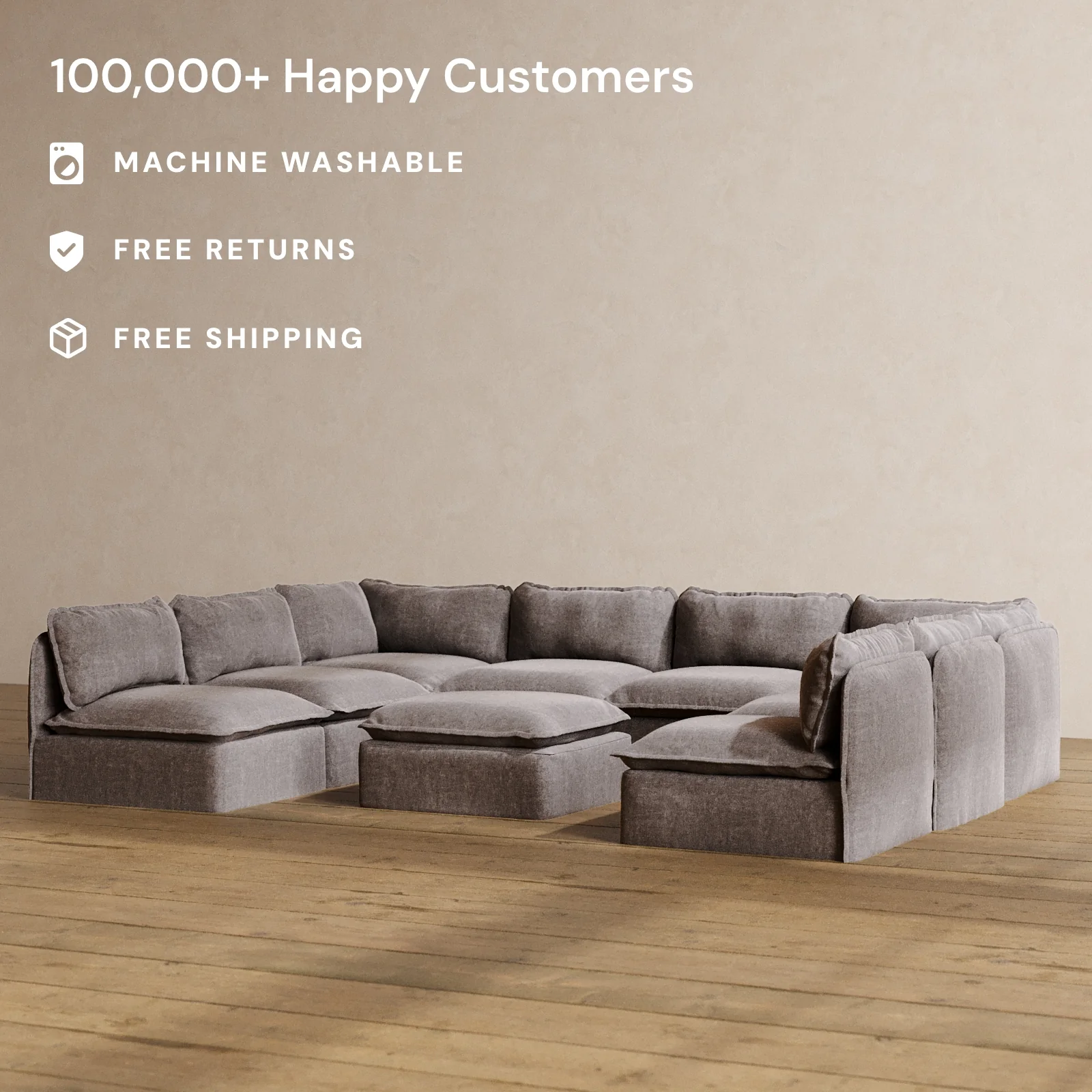 Slipcover Only - Modular Washable 8-Seater Open-Ends U-Sectional + Ottoman in Caviar - Image 2