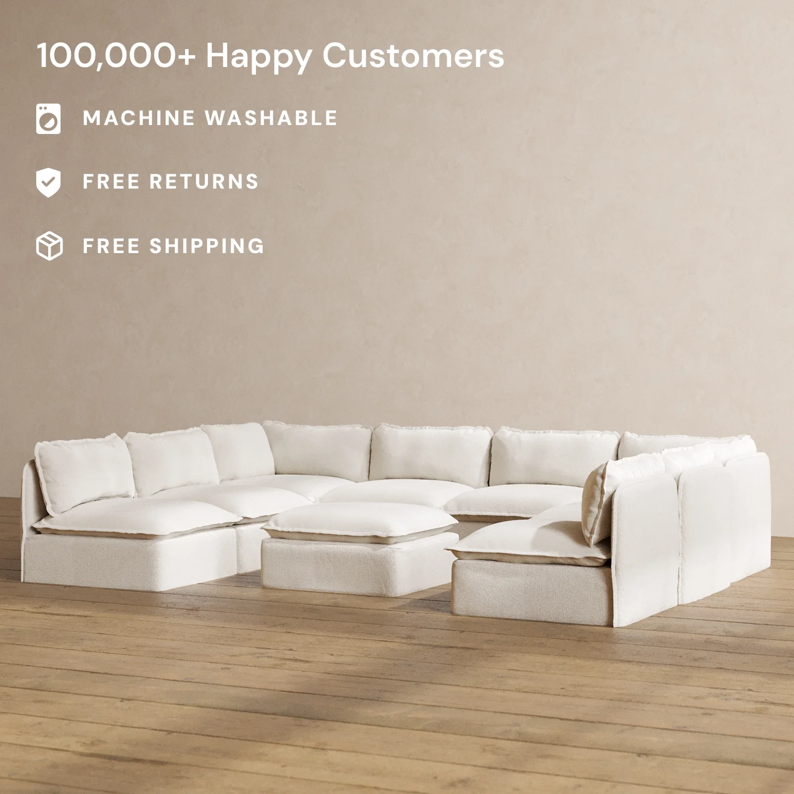 Slipcover Only - Modular Washable 8-Seater Open-Ends U-Sectional + Ottoman in Powder - Image 2