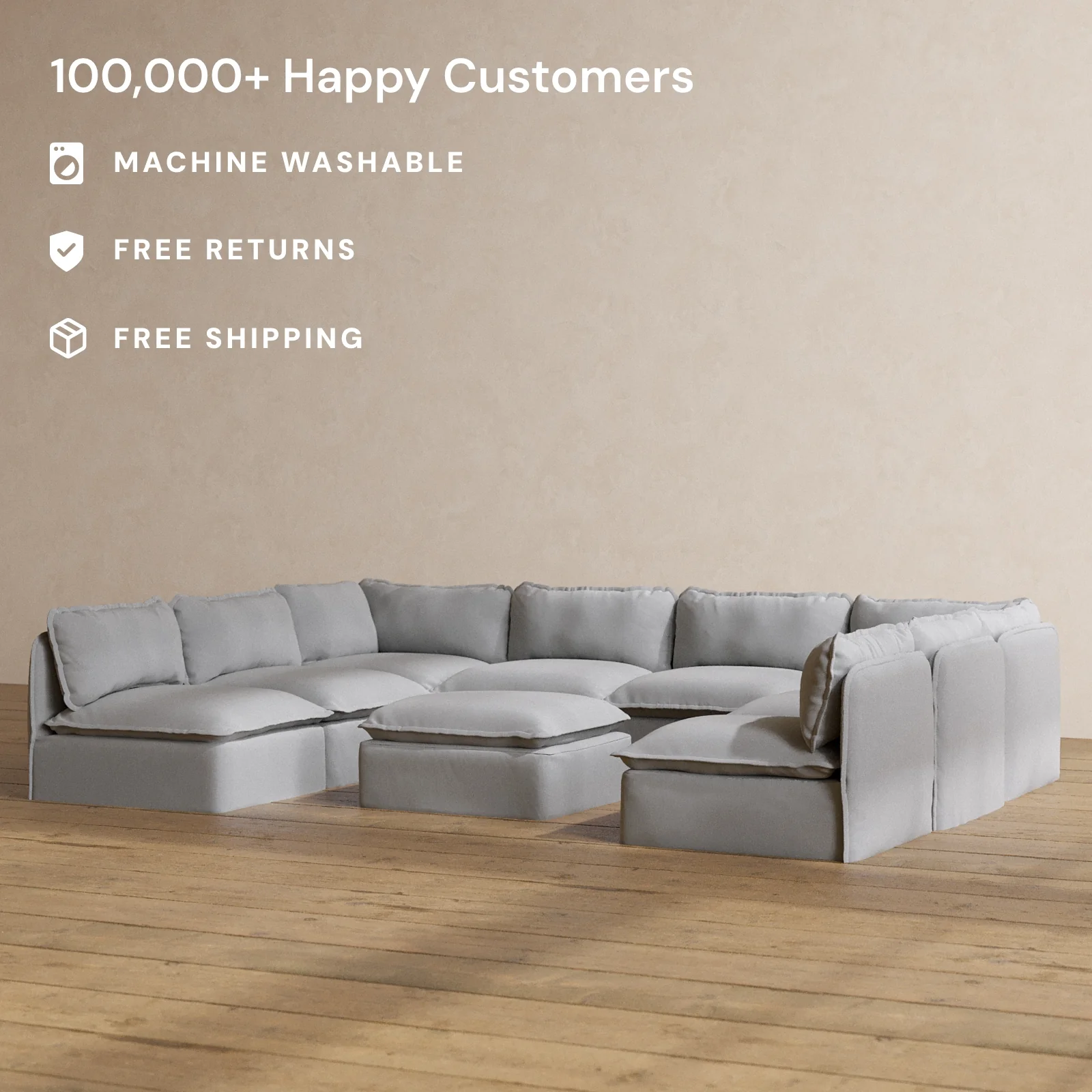 Slipcover Only - Modular Washable 8-Seater Open-Ends U-Sectional + Ottoman in Pumice - Image 2
