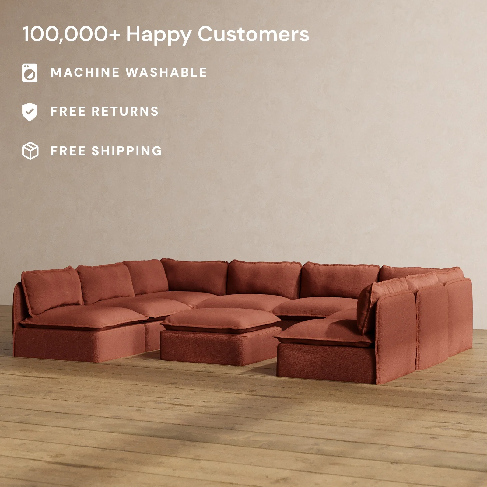 Slipcover Only - Modular Washable 8-Seater Open-Ends U-Sectional + Ottoman in Rust - Image 2