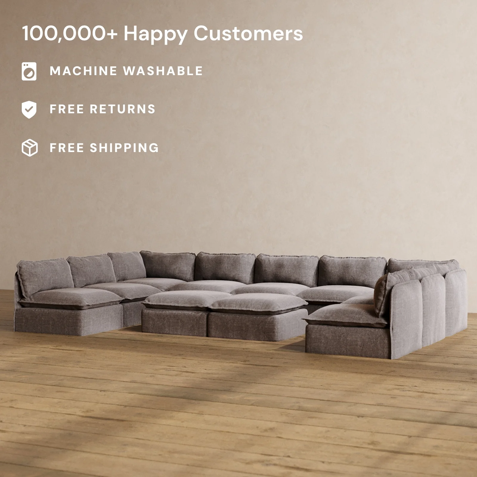Slipcover Only - Modular Washable 9-Seater Open-Ends U-Sectional + Bench Ottoman in Caviar - Image 2