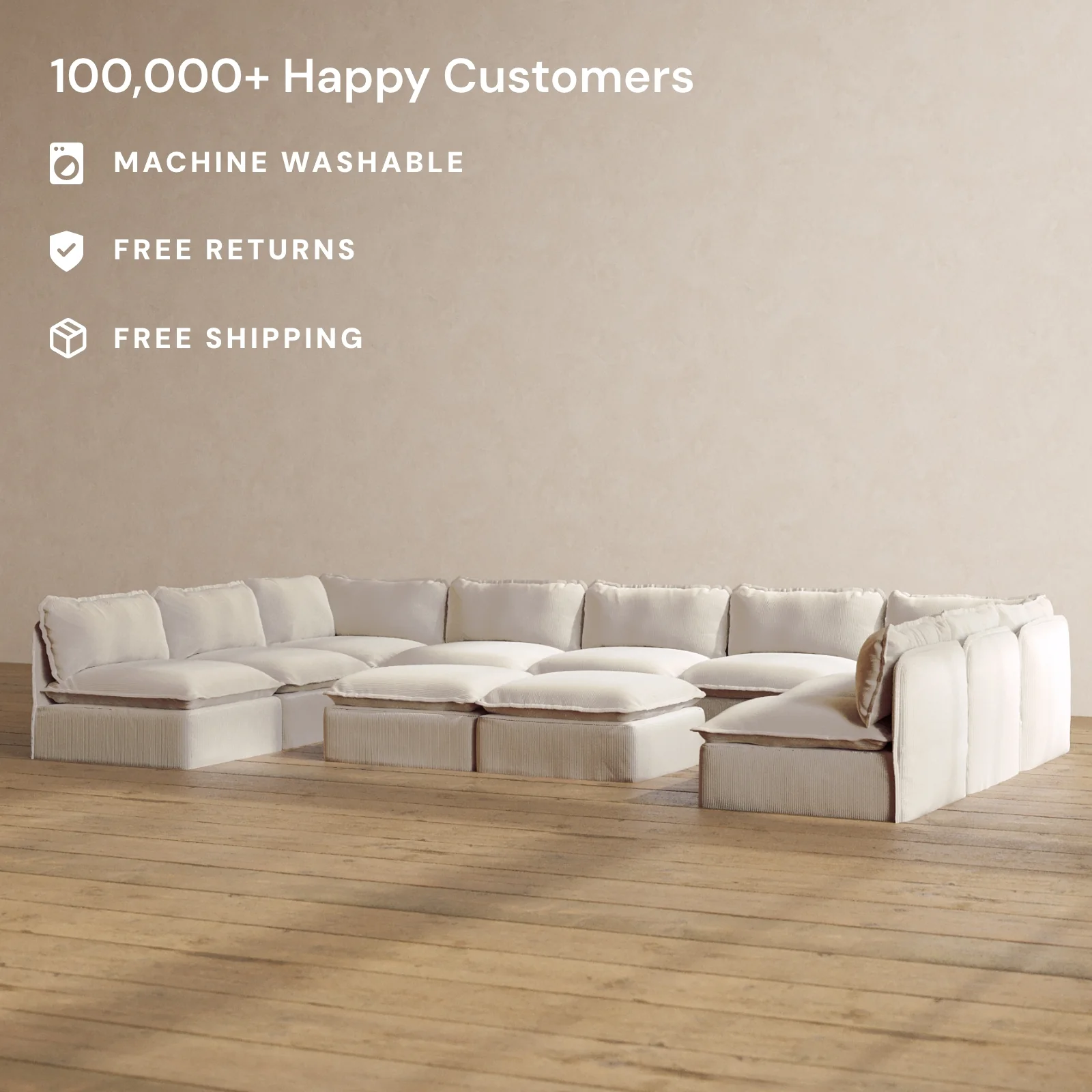 Slipcover Only - Modular Washable 9-Seater Open-Ends U-Sectional + Bench Ottoman in Milk - Image 2