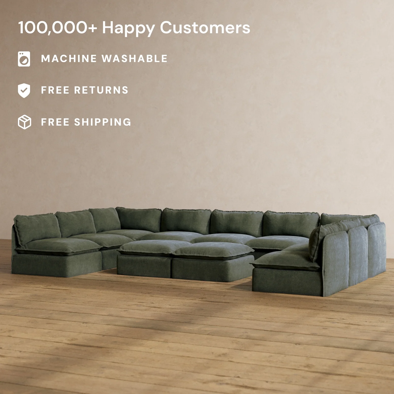 Slipcover Only - Modular Washable 9-Seater Open-Ends U-Sectional + Bench Ottoman in Olivine - Image 2