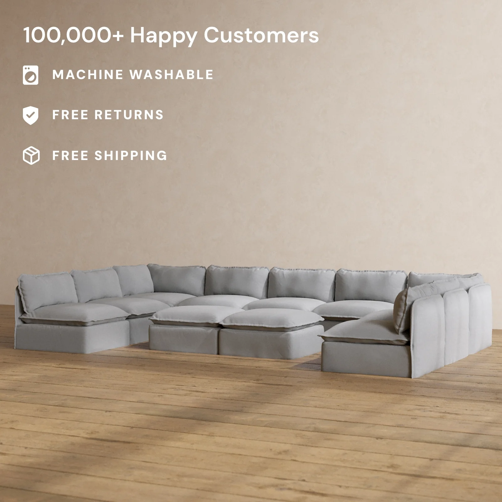 Slipcover Only - Modular Washable 9-Seater Open-Ends U-Sectional + Bench Ottoman in Pumice - Image 2