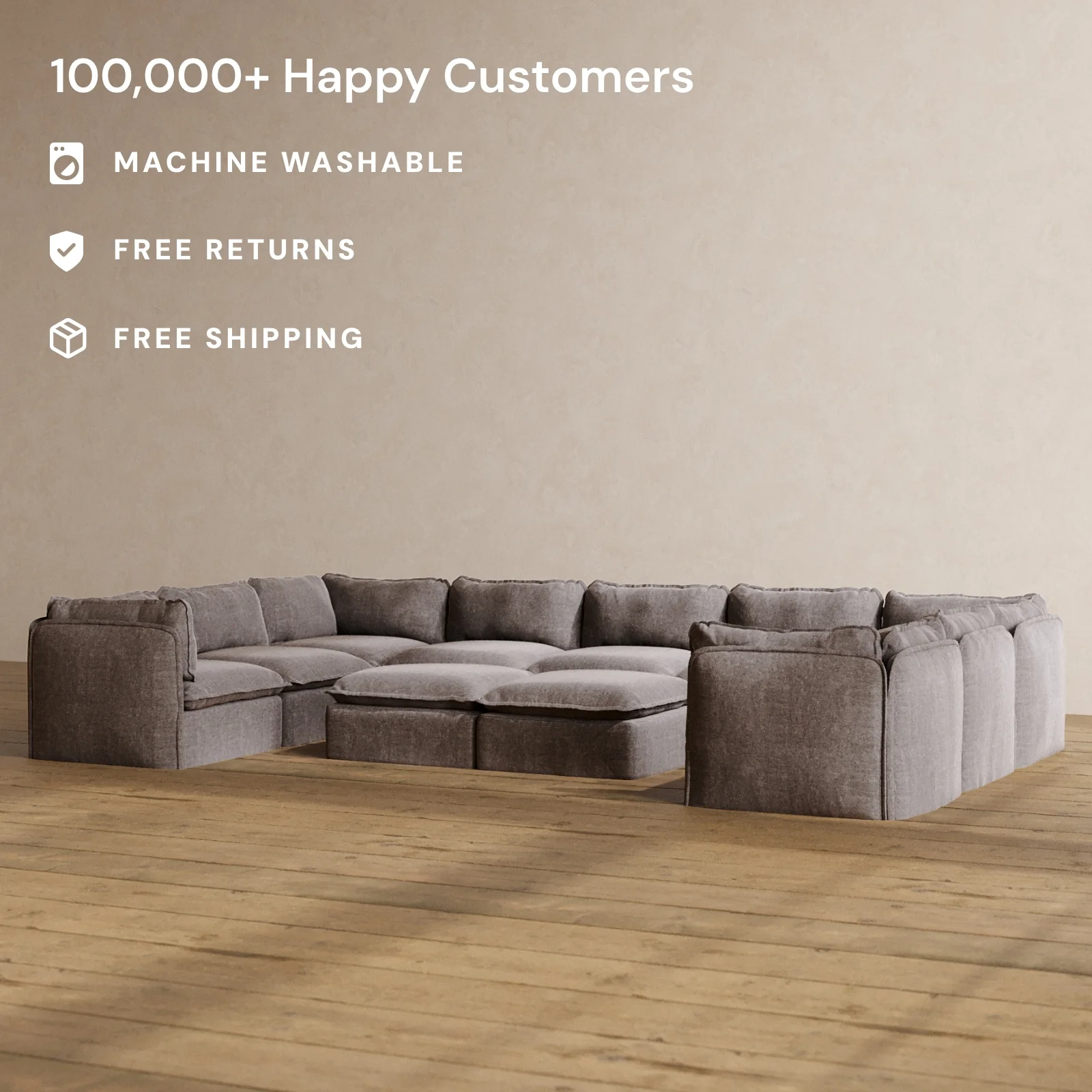 Slipcover Only - Modular Washable 9-Seater U-Sectional + Bench Ottoman in Caviar - Image 2