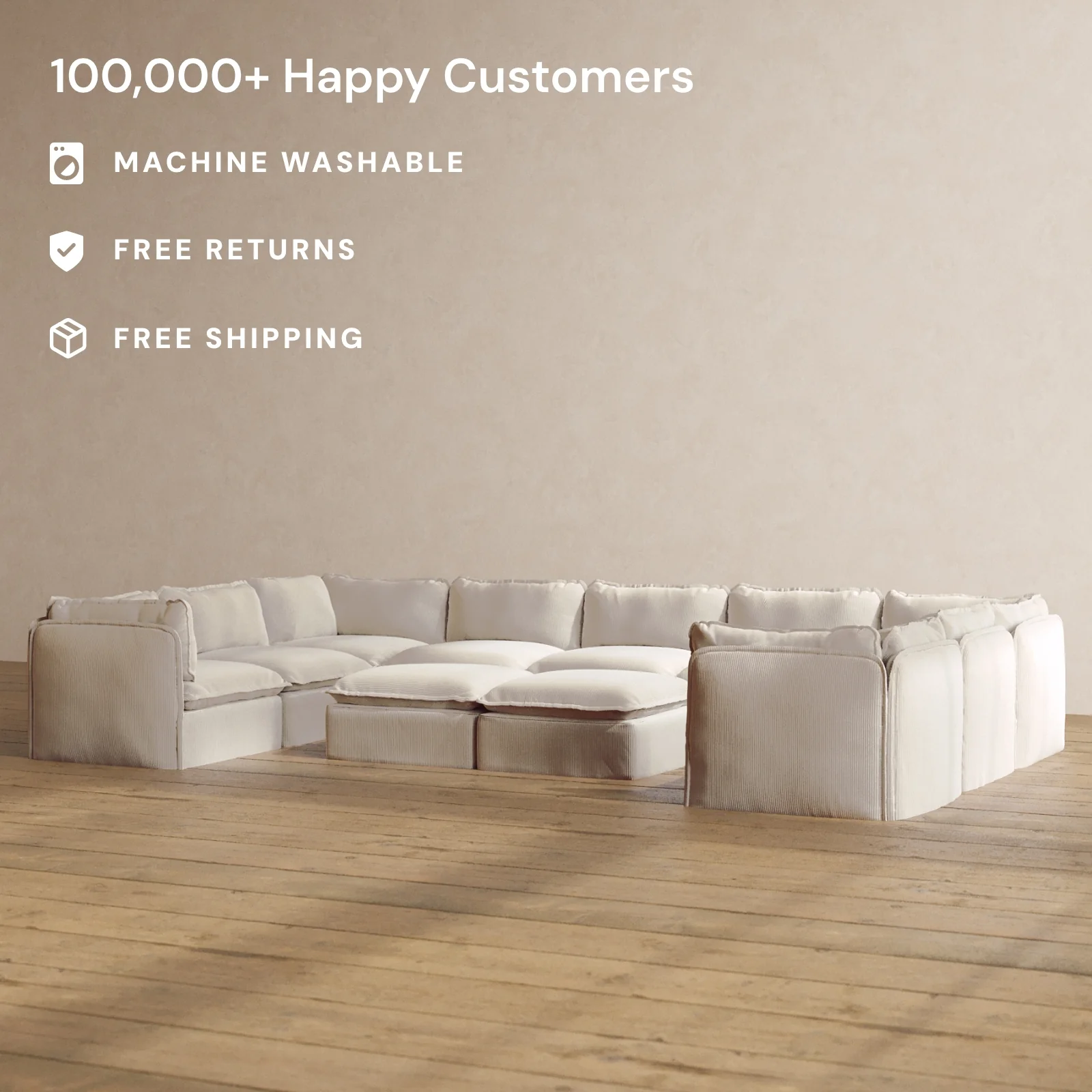 Slipcover Only - Modular Washable 9-Seater U-Sectional + Bench Ottoman in Milk - Image 2