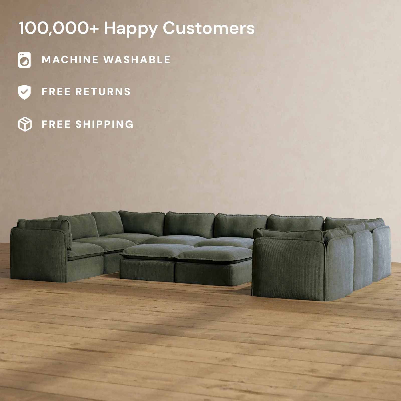 Slipcover Only - Modular Washable 9-Seater U-Sectional + Bench Ottoman in Olivine - Image 2