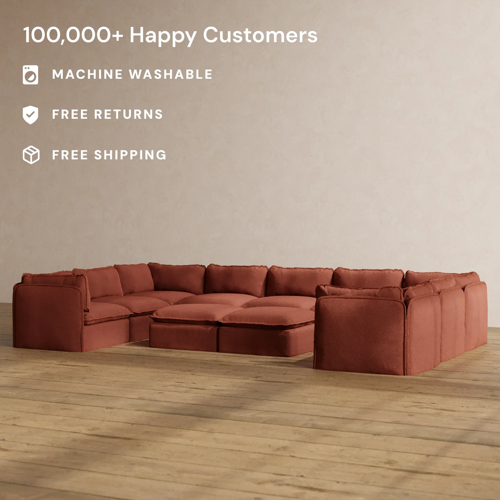 Slipcover Only - Modular Washable 9-Seater U-Sectional + Bench Ottoman in Rust - Image 2